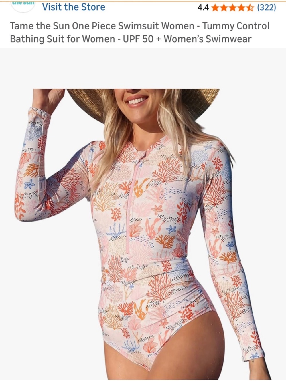 Coral Reef Print Long-Sleeve One-Piece Swimsuit - Pink/Coral